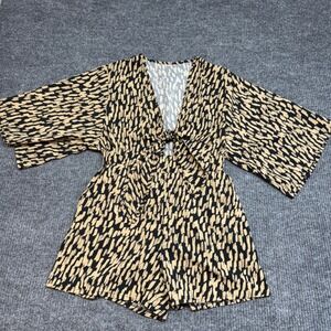 Women's Leopard Like Print Romper Gold Black Deep V Tie Front Pockets Medium